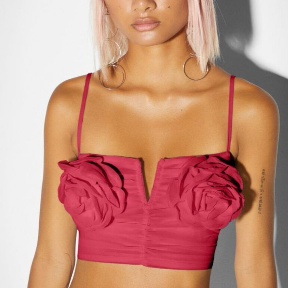 Bershka Rose-Appliqué Crop Top in Deep Pink